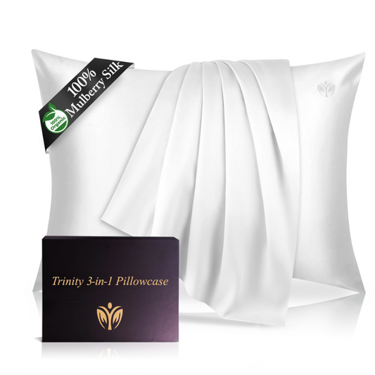 White Bamboo with Eucalyptus and Mulberry pillowcase with 'Trinity 3-in-1' branding on a white background.
