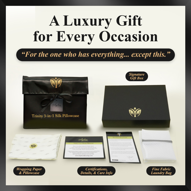 Pillowcase Luxury gift set with black packaging and gold accents on a white background.