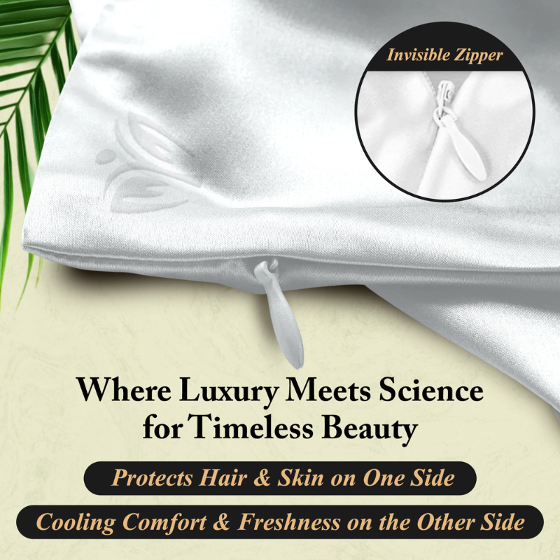 White Silk-Bamboo-Eucalyptus pillowcase with an invisible zipper on a beige background, featuring text about its benefits like hair protection and cooling comfort effect.