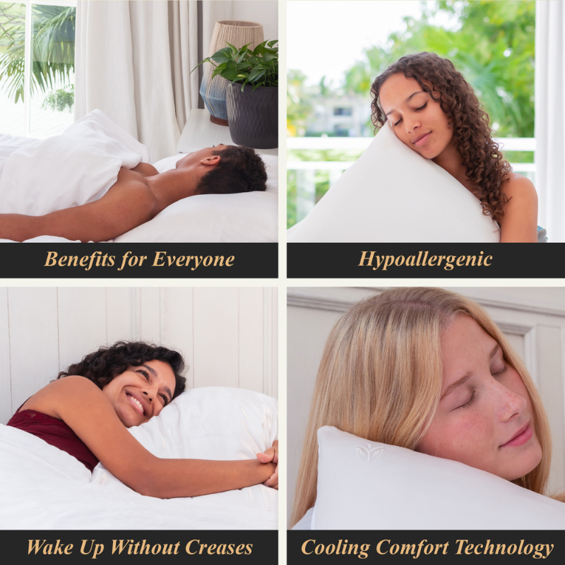 Collage of people sleeping and hugging a pillow with text highlighting the benefits of a pillowcase made with bamboo with eucalyptus and mulberry silk.