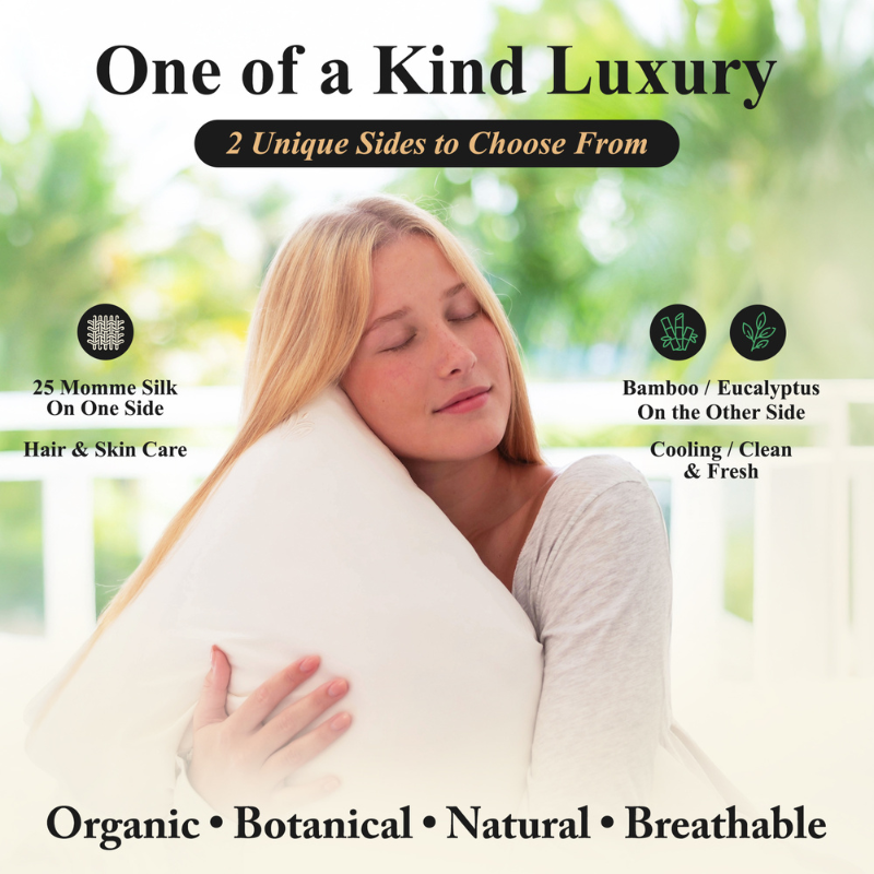 Woman holding a pillow with text about its features and benefits